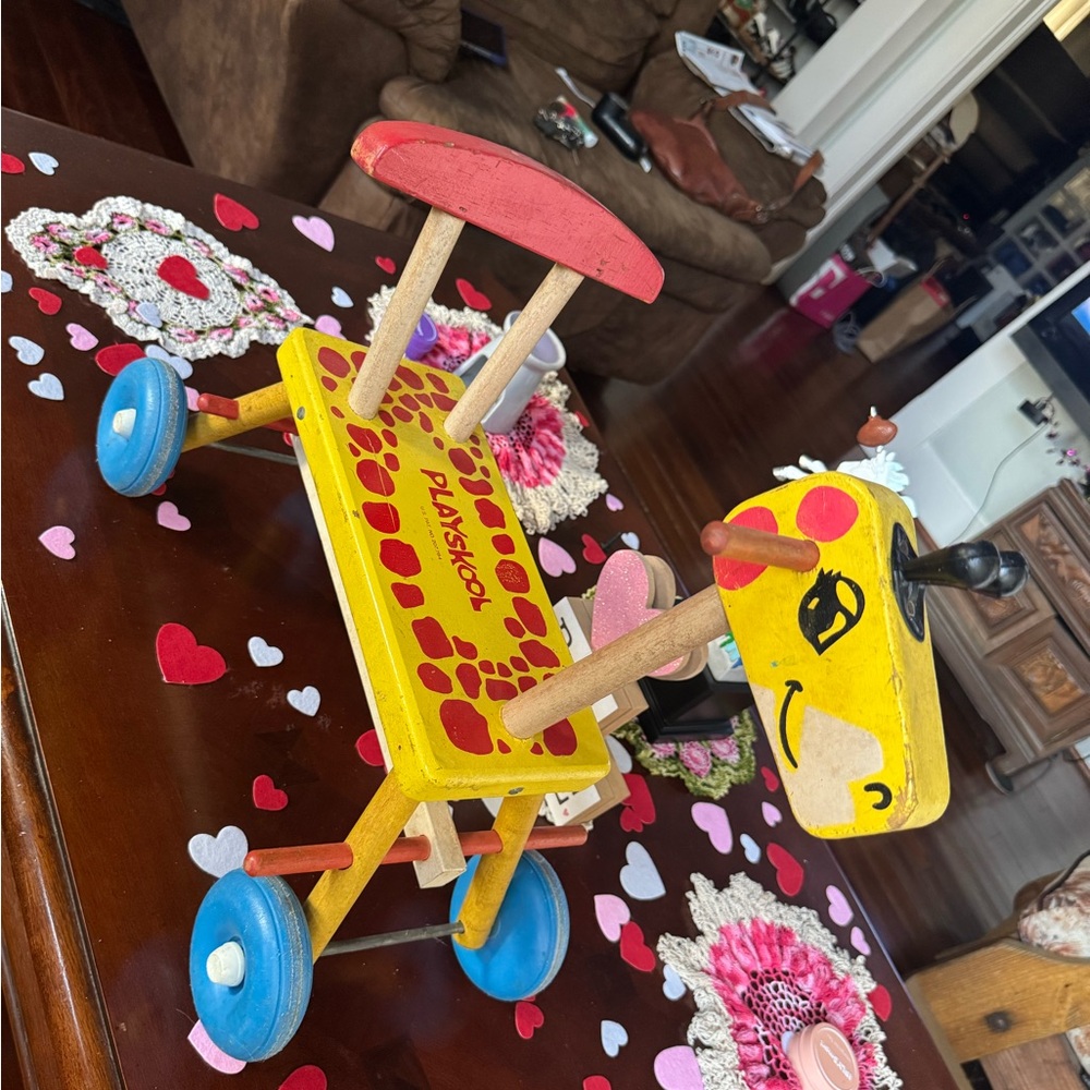 Vintage Playskool Yellow and Red Giraffe Ride-On/Pull Toy. Circa 1960